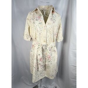 Solitaire Dress Women's M Cream Denim Floral Eyelet Belted Shirt Dress